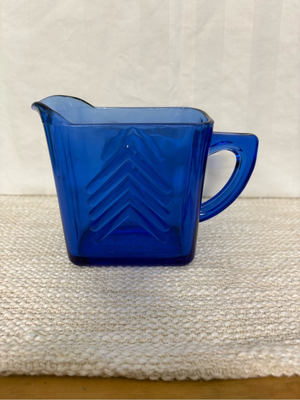Vintage Hazel Atlas Cobalt Blue Glass Creamer Pitcher with Chevron Detail